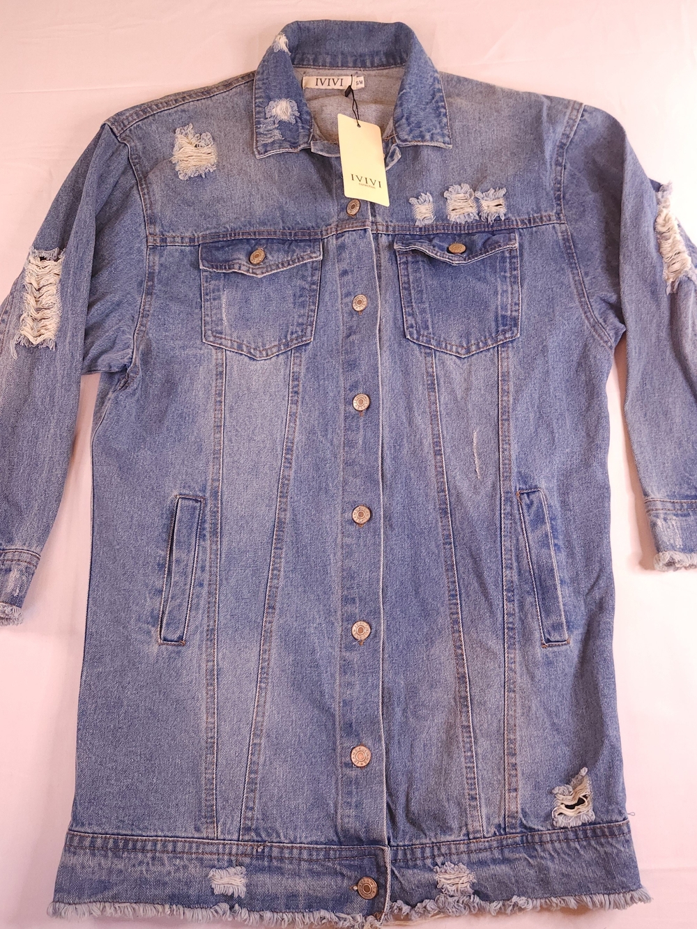 ViVI Medium Blue Distressed Long Denim Trench Jacket NWT
